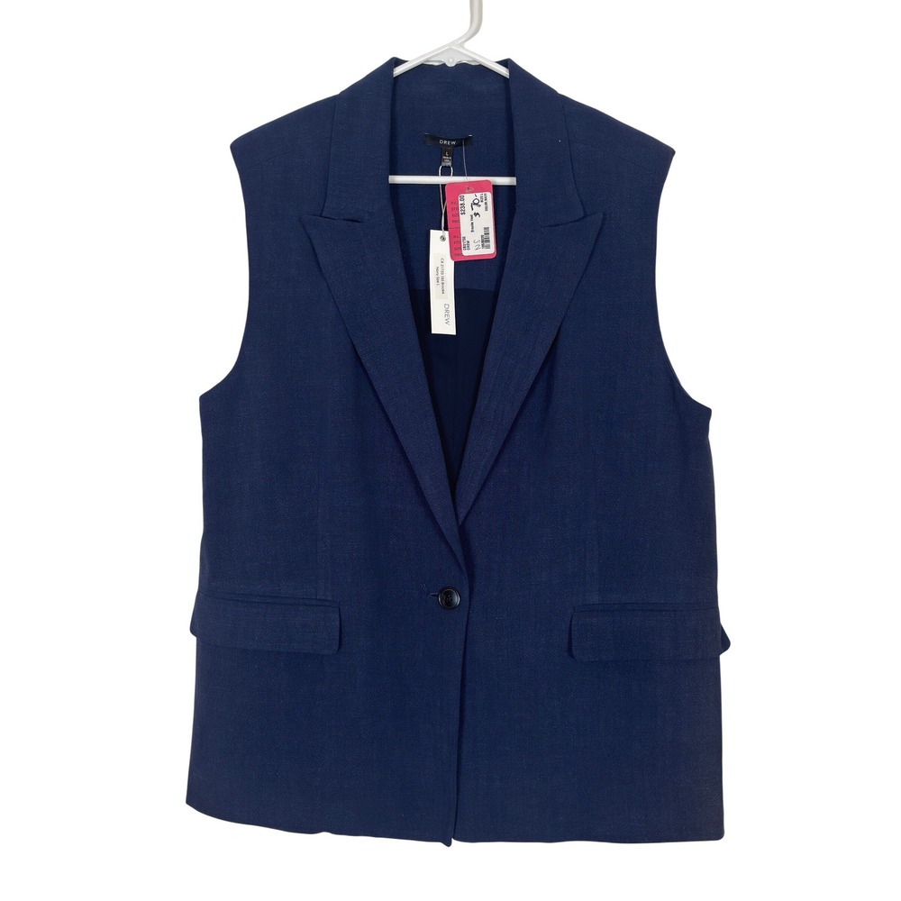 Drew Brooke Vest Navy Blue Linen Blend Tailored Sleeveless Blazer Women LARGE